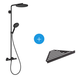 Hansgrohe Raindance Select S PowderRain 240 1-Spray Shower Column + Thermostatic Mixer + Shower Basket, Matt Black (27633670-AddStoris)