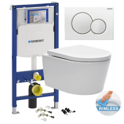 Geberit Toilet set  support frame with SAT rimless bowl, invisible fixings + softclose seat + Flush plate (GebSatrimless-B+)