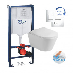 Grohe Toilet Pack Rapid SL Frame + Lucco Avva Rimless Toilet w/Soft-Close Seat + Matt Chrome Flush Plate (RapidSL-Avva-5)