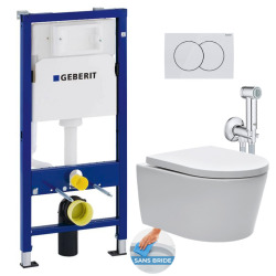 Geberit Toilet set Duofix frame + SATrimless wc  invisible fixings + Softclose seat + Bidet hand shower + White flush plate