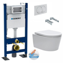 Geberit Free-standing pack Duofix frame + SAT rimless toilet, invisible fixings + Softclose seat + White plate (SATrimlessGebX)