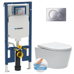 Geberit UP720 extra-flat frame + SAT rimless toilet + Softclose seat + Gloss chrome flush plate (SLIM-SATrimless-N)