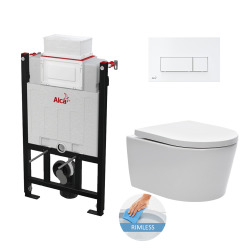 Alca Toilet set 85cm Frame+rimless bowl with invisible fixings and soft close seat+White flush plate (Alca85SatRimless-4)