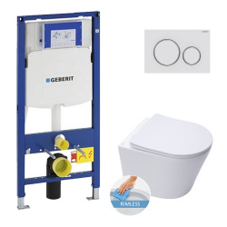 Geberit Toilet set frame + SAT Infinitio rimless bowl + Softclose seat + White /matt chrome flush plate (GebInfinitio-J)