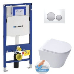 Geberit Toilet set UP320 support frame + SAT Infinitio rimless toilet  + Softclose seat + White flush plate (GebInfinitio-I)