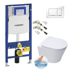 Geberit Toilet set Frame UP320 + SAT Infinitio rimless WC  + Softclose seat + White flush plate (GebInfinitio-H)