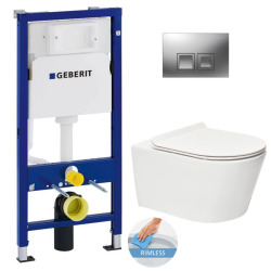 Geberit Toilet set Duofix frame 112cm + WC rimless SAT Brevis + Ultra-thin seat, softclose + Matt chrome plate (BrevisGeb2)