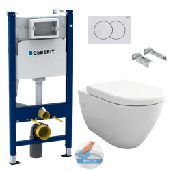 Geberit Toilet set Duofix toilet frame + Livea Bello wall hung rimless toilet bowl + Soft close seat + White plate (BelloGeb3)