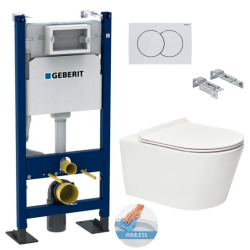 Geberit Toilet set Duofix self-supporting frame + SAT Brevis rimless toilet + Ultra-thin softclose seat + White plate (BREVISGEBX)