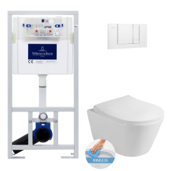 Villeroy & Boch Toilet set ViConnect Support Frame + Lucco Avva Rimless toilet + Soft-close seat + White plate + Sound insulation set