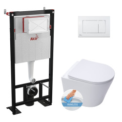 Alca Toilet set Self-supporting frame + SAT Infinitiorimless, White matt + soft close seat + White flush plate