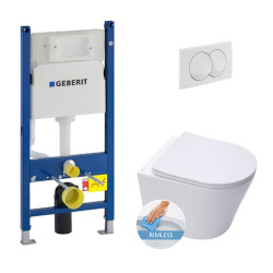 Geberit Toilet set Duofix frame + SAT Infinitio rimless bowl, matt white + Soft close seat + White flush plate (InfinitioMatGeb3)