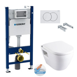 Geberit Toilet set Self supporting frame + Serel SM26 rimless bowl  + Soft close seat + White flush plate (SM26Geb3)