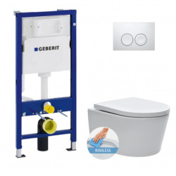 Geberit Toilet set Geberit UP100 + SAT rimless WC +Softclose seat + White Flush plate (SATrimlessGeb5)