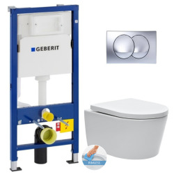 Geberit Toilet set Duofix frame with SAT rimless bowl with invisible fixings + Softclose seat + Delta20 glossy chrome plate (SATGeb4)