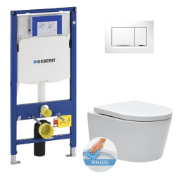 Geberit Toilet set UP320 support frame + SAT rimless WC + Soft close seat + White flush plate (GebSATrimless-H)