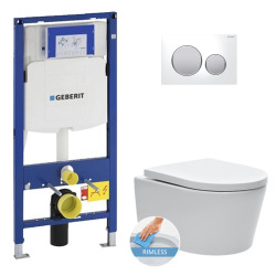 Geberit Toilet set UP320 support frame + SAT rimless WC + Softclose seat + White/ matt chrome flush plate (GebSATrimless-I)