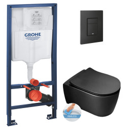 Grohe Toilet Set Support frame + Alfa matt black rimless toilet invisible fixings + Softclose seat + black flush plate (RSLBLALFAKF0)