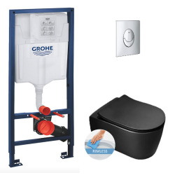 Grohe Toilet Set Rapid SL Support frame + Alfa Idevit matt black rimless toilet + Softclose seat + Chrome plate (RapidSL-BlackAlfa-2)