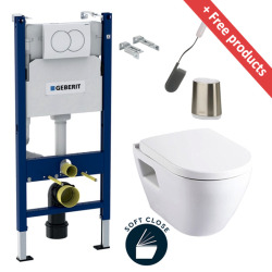 Geberit Toilet set Duofix frame + Serel SM10 wall-hung toilet + Softclose seat + White plate + FREE toilet brush ( SM10Geb3-Flex1 )