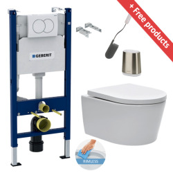 Geberit Toilet set Duofix support frame + SAT rimless WC + Softclose seat + White flush plate + FREE toilet brush (SATrimlessGeb3-Flex1)