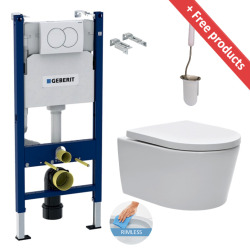 Geberit Duofix support frame set + SAT rimless+ Softclose seat + White flush plate + FREE toilet brush (SATrimlessGeb3-Flex2)