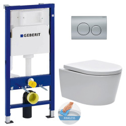 Geberit Toilet Set UP100 support frame + SAT wall-hung rimless toilet and invisible fixings + Delta20 matt chrome plate