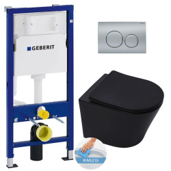 Geberit Toilet Set Duofix support frame + SAT Infinitio matt black rimless toilet + Softclose seat + Matt chrome plate