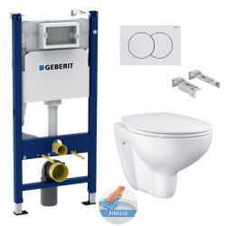 Geberit Toilet Set Geberit Duofix frame + Grohe Bau Ceramic wall-hung toilet + Removable seat + White plate (BauClassicGeb3)