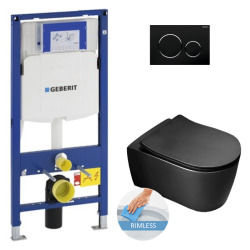 Geberit Toilet Set Geberit support frame with Idevit Alfa Black rimless bowl + Softclose seat + Black chrome plate (GebBlackAlfa-D)