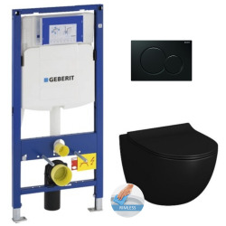 Geberit Toilet Set Support frame + Vitra SENTO Black rimless bowl invisible fixings + Seat + Black plate (GebBlackSento-A)