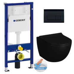 Toilet Pack Duofix Frame + Matt Black Infinitio Rimless Toilet + Soft-Close Seat + Black Flush Plate (BlackInfinitio2Geb-7)