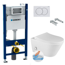 Geberit Toilet Pack Duofix Frame + Avva Rimless Toilet with bidet function + Soft-Close Seat + White Flush Plate (AvvaCleanGeb3)