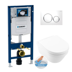 Geberit Toilet Pack Duofix UP320 Frame + Architectura Rimless Toilet + Soft-Close Seat + White/Chrome Flush Plate (GebArchi3-C)