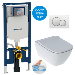 Geberit Toilet Set Duofix extra-flat support frame + Geberit Smyle rimless toilet + Softclose seat + White plate