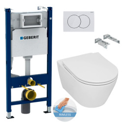 Geberit Toilet Set support frame + Serel SP26 rimless toilet, invisible fixings + White plate (SP26Geb3)