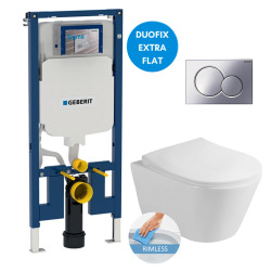 Geberit UP720 Extra-Flat Support Frame Set + Lucco Avva Rimless Toilet + Soft-Close Seat + Chrome Flush Plate (SLIM-Avva-N)