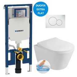 Geberit UP720 Extra-Flat Support Frame Set + Lucco Avva Rimless Toilet + Soft-Close Seat + White Flush Plate (SLIM-Avva-B)