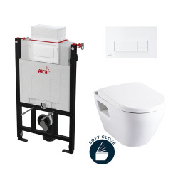 Alca Toilet set 85cm support frame + Solido Compact bowl with softclose seat + White control plate (Alca85Sm10-4):