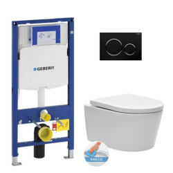 Geberit Toilet set frame with SAT rimless bowl and invisible fixings + softclose seat + Black chrome flush plate (GebSatrimless-D)