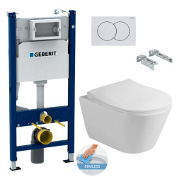 Geberit Toilet set DuoFix Support Frame + Lucco Avva Rimless toilet + Softclose seat + White plate + Sound insulation set (AvvaGeb3SET)