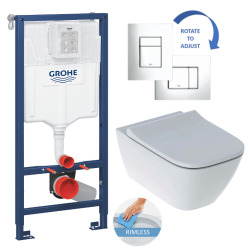 Grohe Toilet Set Grohe Rapid SL support frame + Geberit Smyle Square wall-hung toilet + Skate Cosmopolitan flush plate