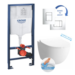 Grohe Toilet Set Support frame + Sento RIM-EX Compact bowl (rimless) + chrome flush plate (GROHE-SentoRimlessCOMPACT)