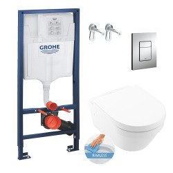 Grohe Toilet Pack Rapid SL Frame + Villeroy & Boch Architectura Rimless Toilet + Chrome Flush Plate (Architectura2Perfect-1)