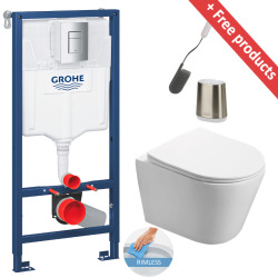 Grohe Toilet Pack Rapid SL Frame + SAT Rimless Toilet + Chrome Flush Plate + FREE Toilet Brush (RapidSL-Infinitio-1-Flex1)