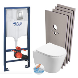 Grohe Toilet Set support frame + Swiss Aqua Technologies Infinitio rimless, invisible fixings + Chrome plate + Wall cladding set