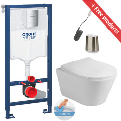 Grohe Toilet Pack Rapid SL Frame + Avva Rimless Toilet + Chrome Flush Plate + FREE Toilet Brush (RapidSL-Avva-1-Flex1)