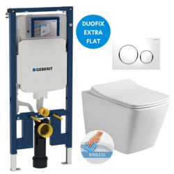 Geberit Toilet Pack UP720 Extra-Flat Support Frame + SAT rimless Toilet + Soft-Close Seat + White/Chrome Flush Plate (SLIMSINFIC)