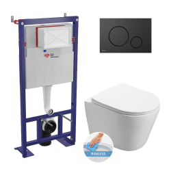 Swiss Aqua Technologies Wall hung toilet set frame + SAT Infinitio rimless toilet with invisible fixings + Softclose seat + Matt black plate