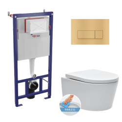 Swiss Aqua Technologies Toilet Pack Frame + SAT Rimless Toilet w/invisible fixings + Soft-Close Seat + Matt Gold Flush Plate (SMARTK-SATrimless-gold)